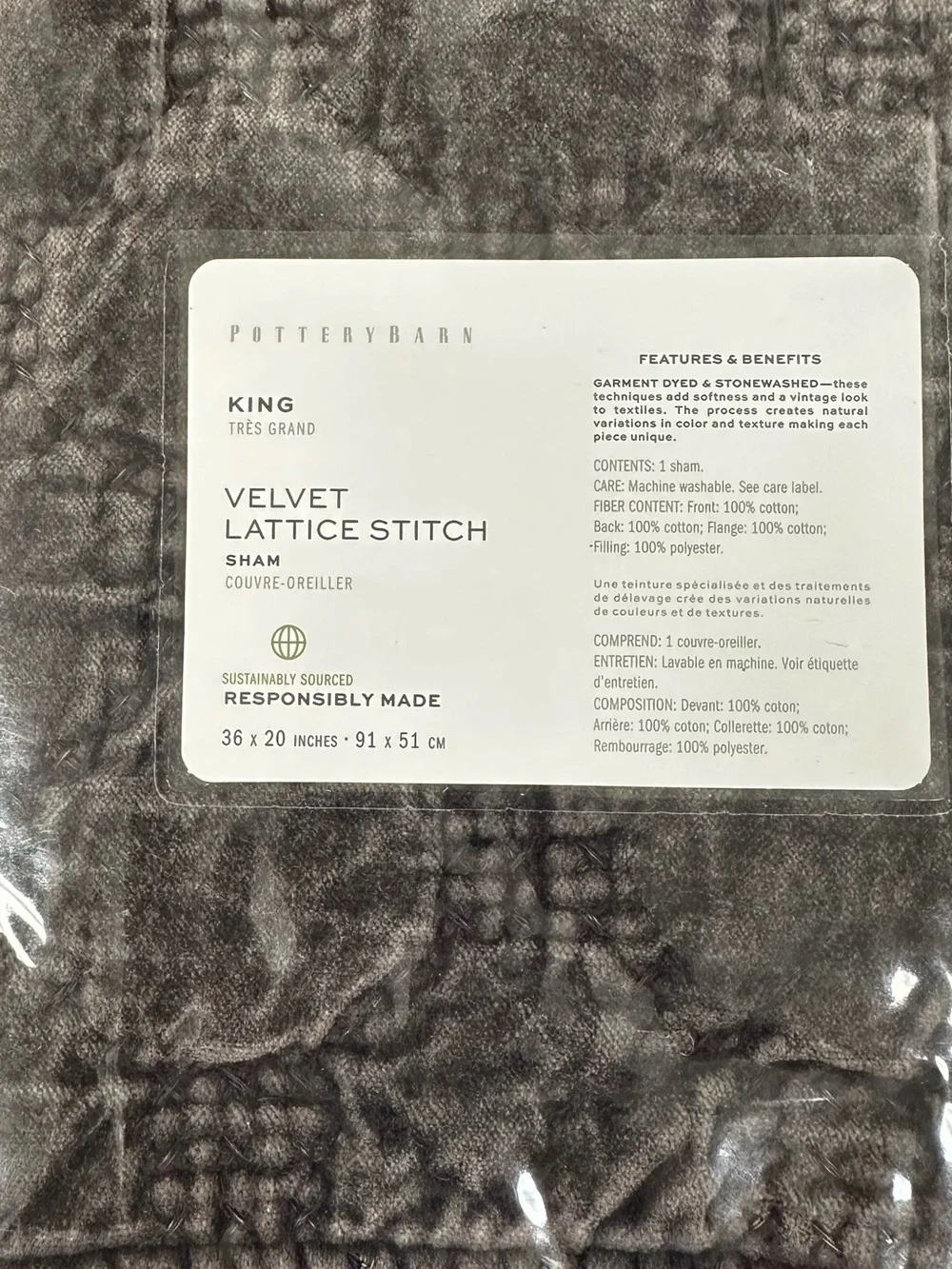 NWT Pottery Barn velvet lattice King Shams (2) gray
